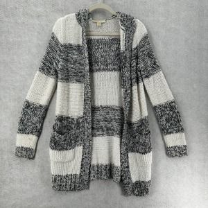 Michael Michael Kors Womens XS Knit Hooded Long Cardigan White Gray Striped‎